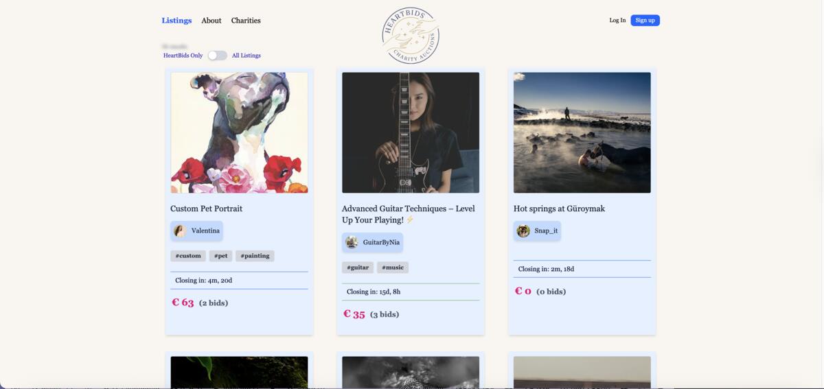 HeartBids auction listings page showing filtering and search functionality