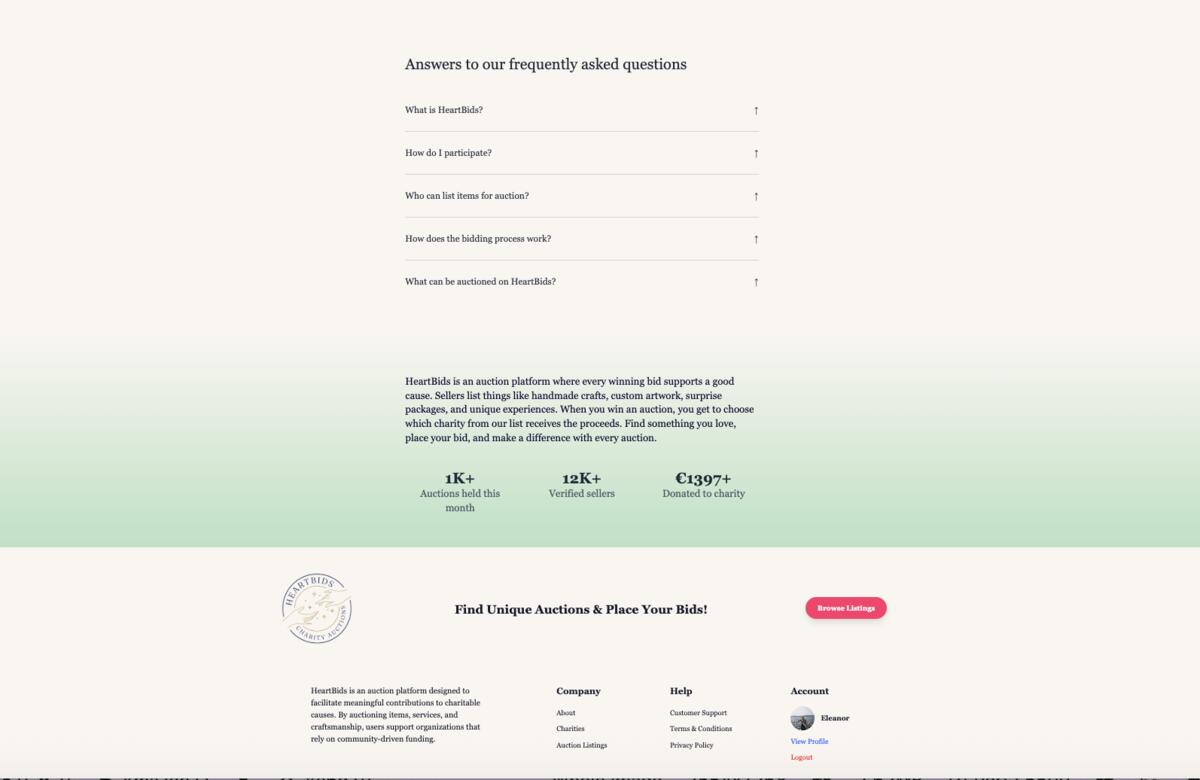HeartBids create listing page showing form validation and image upload