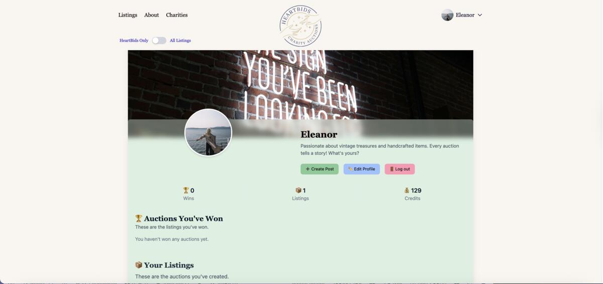 HeartBids user profile showing charity integration and bidding history