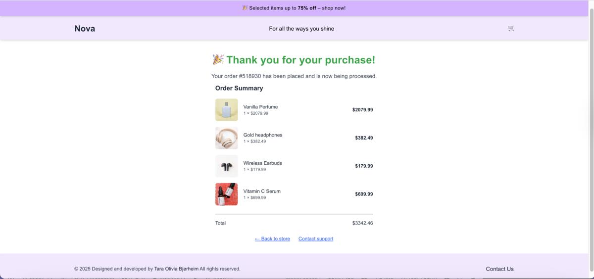 Nova checkout success page confirming order completion