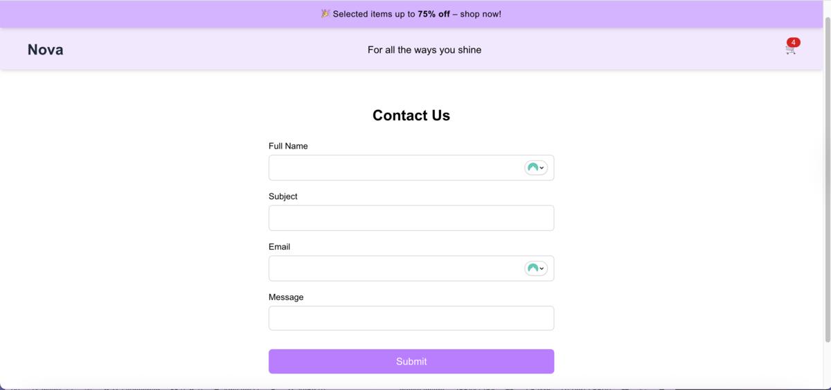 Nova contact form showing validation and user input fields