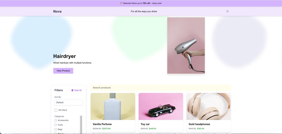 Nova product detail page showing product information and add to cart functionality