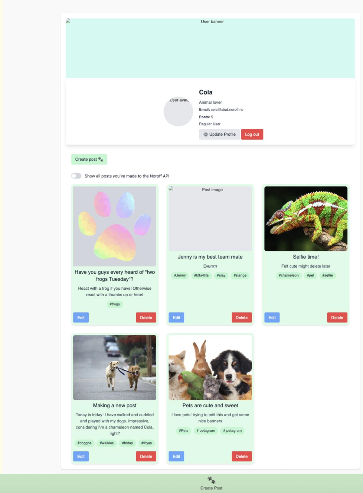 Petagram feed page showing posts, search functionality, and create post form